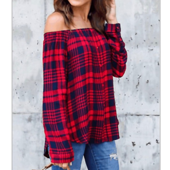 Long Sleeve Red & Blue Plaid Top - Picture 2 of 6